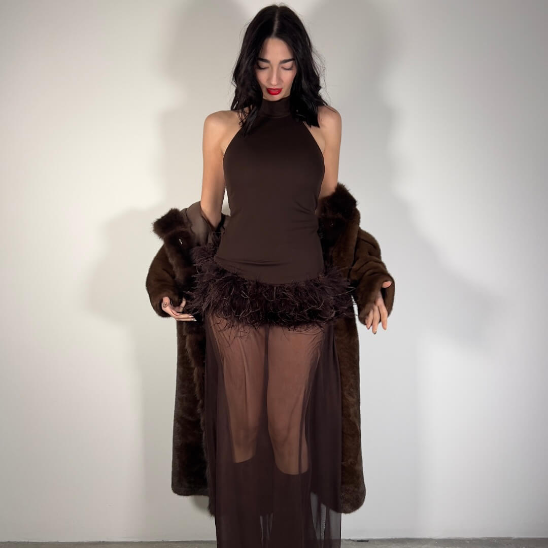 LM - LUMINA Abito Chloe tulle piume marrone