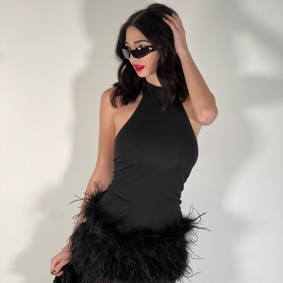 OF - LUMINA Abito Chloe piume tulle nero