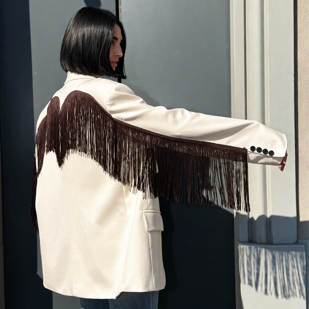 OF - LUMINA Blazer Mateo beige con frange marroni