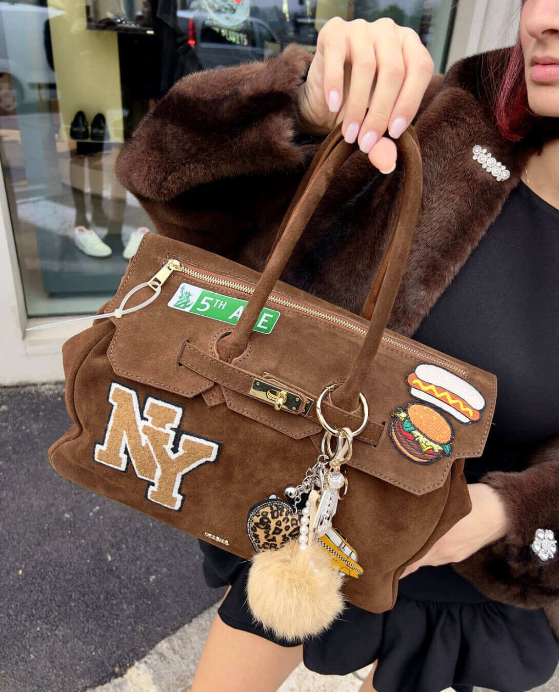 OF - MIA BAG Due manici patch New York suede choco