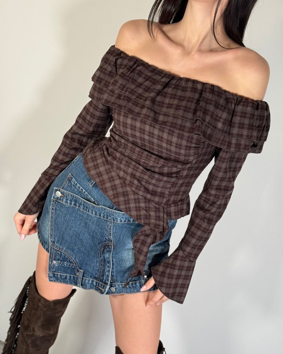 OF - Maglia Yvette tartan rouches