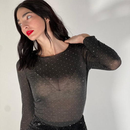 OF - Maglia Hela ultralight cashmere nero con strass