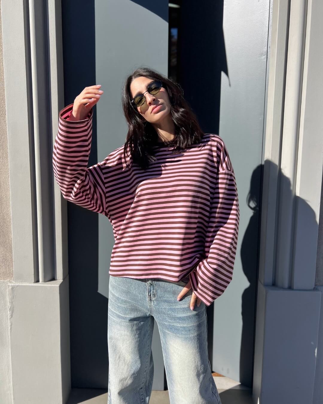 OF - Top Ashley a righe marrone e rosa