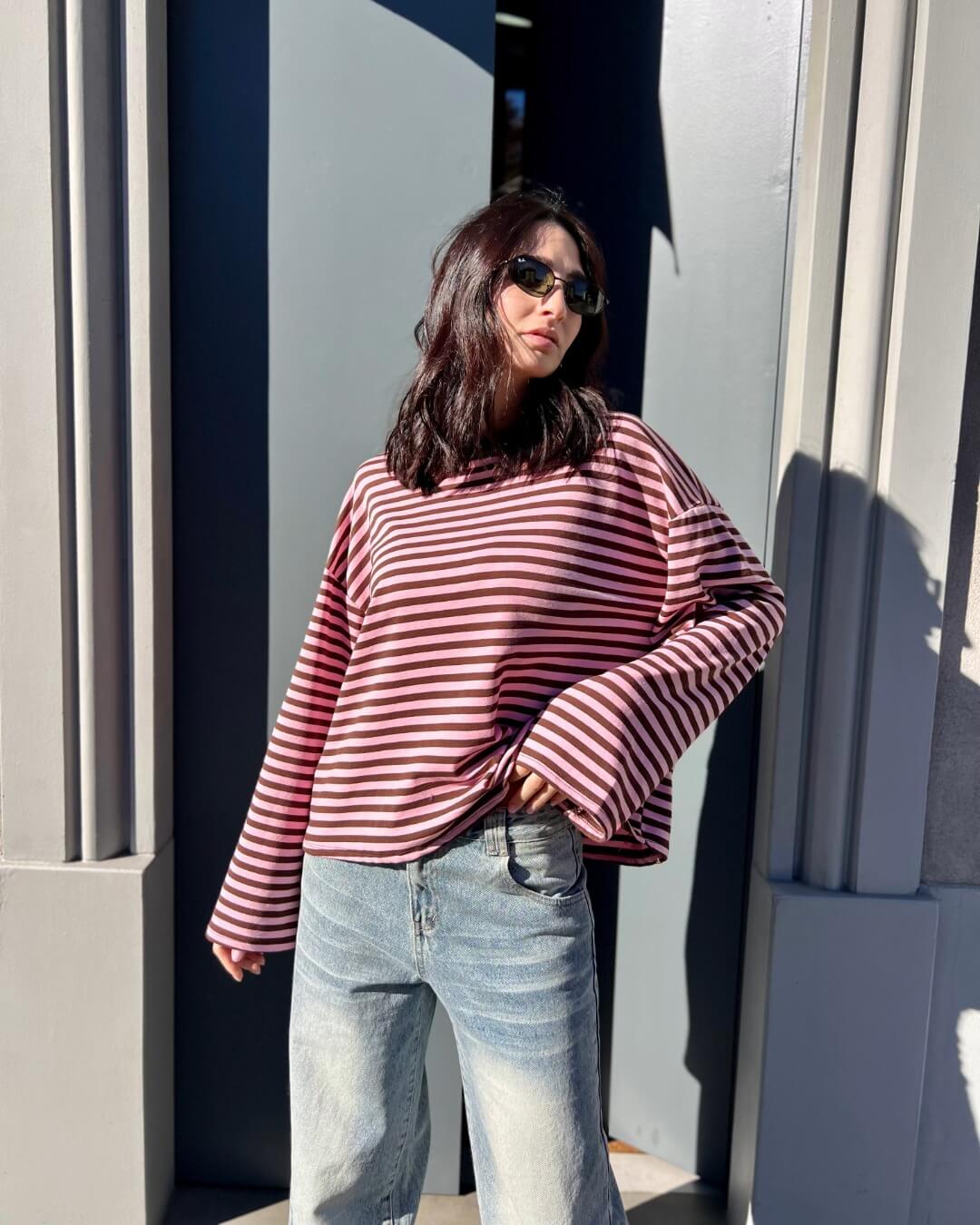 OF - Top Ashley a righe marrone e rosa