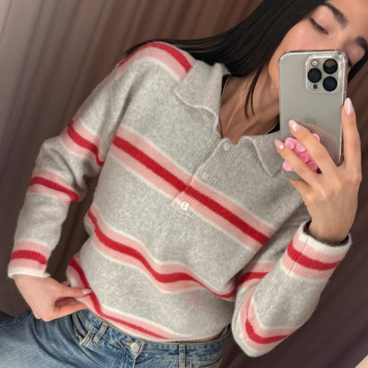 OF - Maglione Polo righe grigio rosa