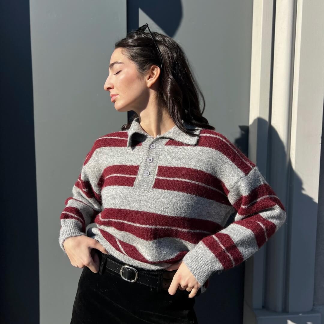 LM - Maglione Timothèe a righe grigio bordeaux