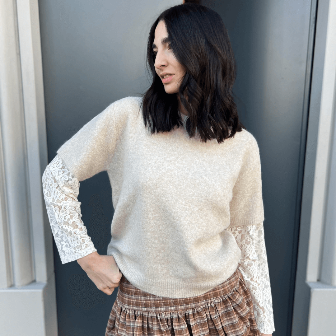 LM - Maglione Ully beige con maniche in pizzo