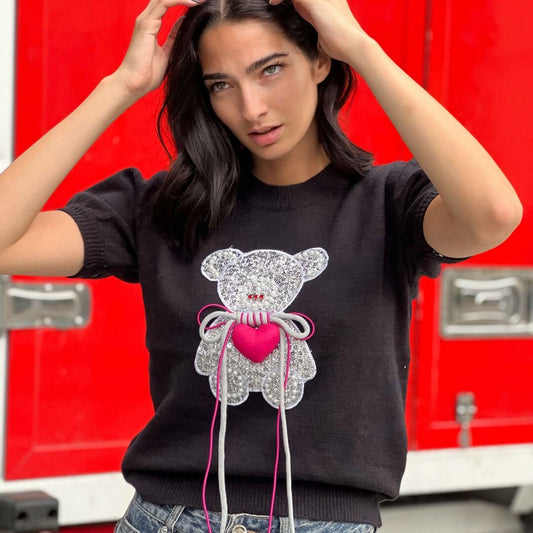 OF - Maglione Coco nero con teddy argento