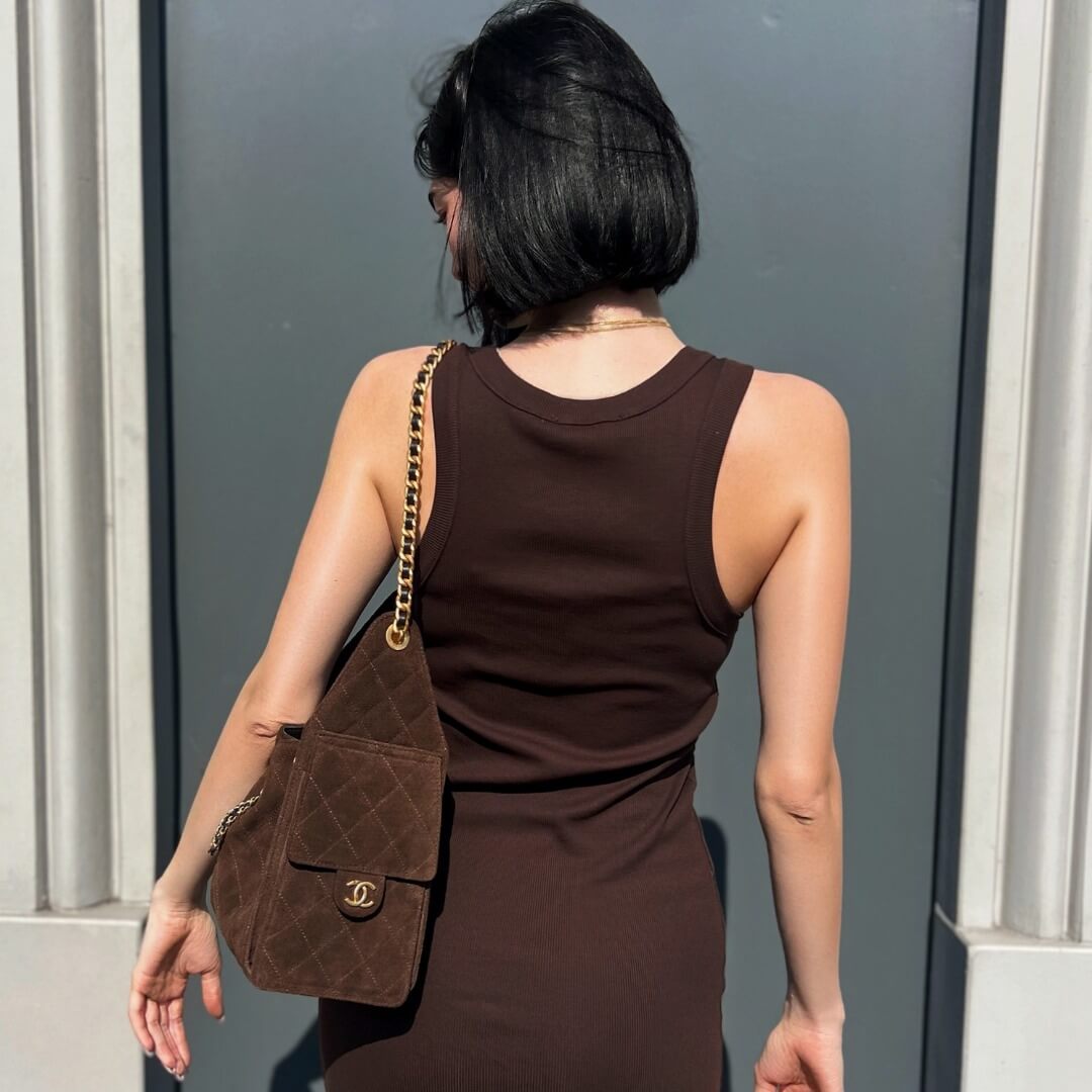 LM - ODI ET AMO Abito costina lungo marrone con strass
