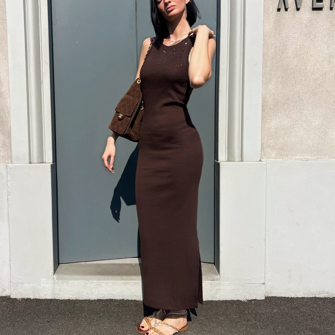 OF - ODI ET AMO Abito costina lungo marrone con strass