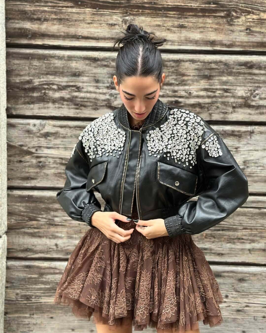 OF - ODI ET AMO Bomber Petra nero con strass