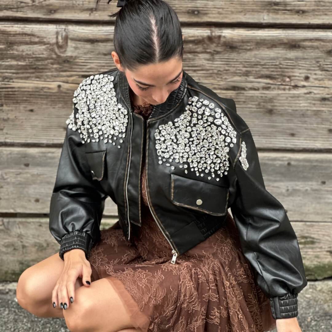 OF - ODI ET AMO Bomber Petra nero con strass