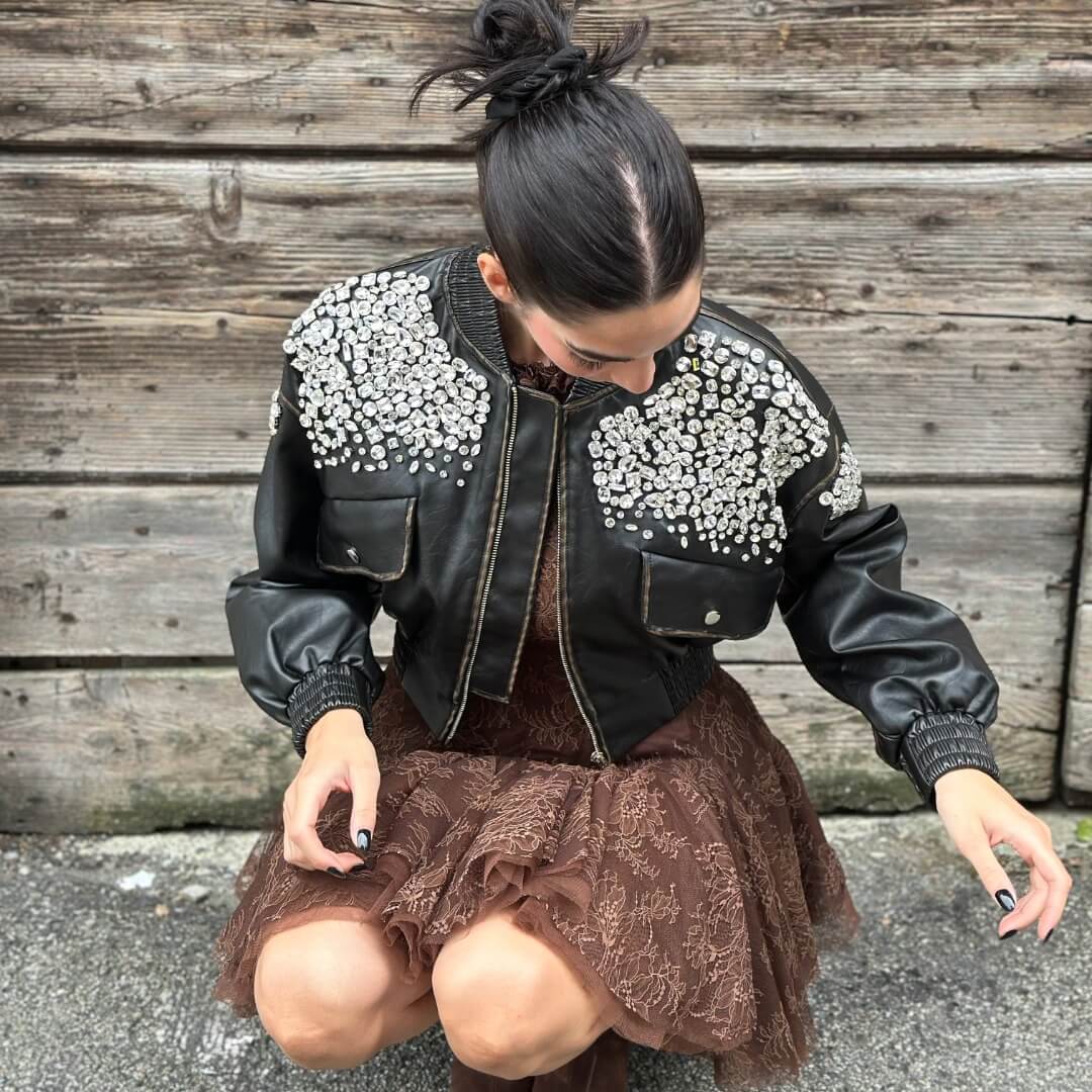 OF - ODI ET AMO Bomber Petra nero con strass