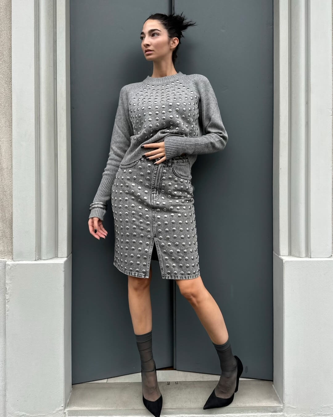 OF - ODI ET AMO Gonna Ben denim grigio con borchie