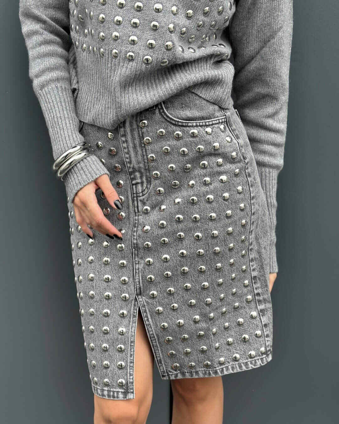 OF - ODI ET AMO Gonna Ben denim grigio con borchie