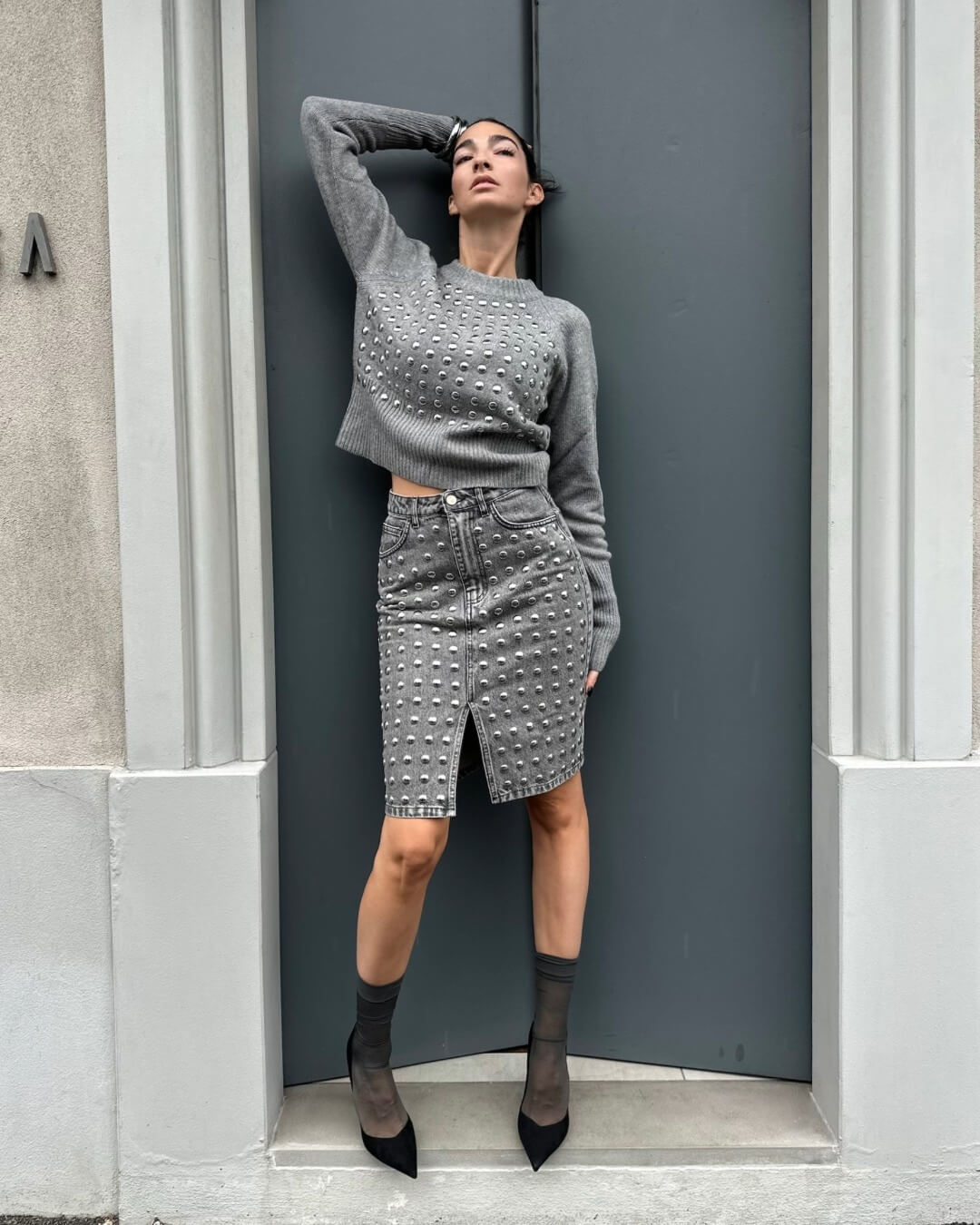 OF - ODI ET AMO Gonna Ben denim grigio con borchie