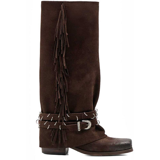 LM - Stivale Gabrielle camoscio testa di moro con frange