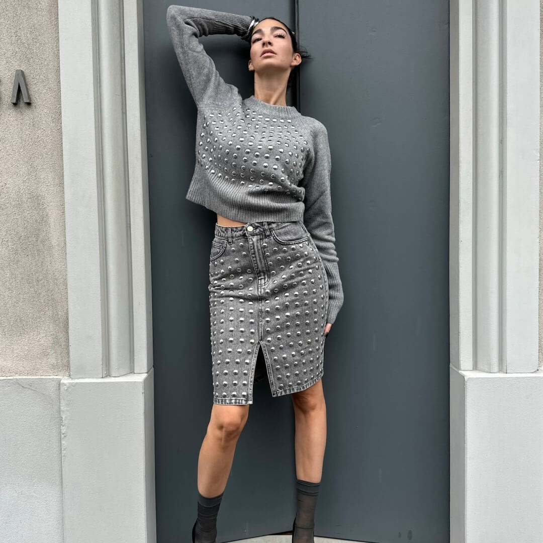 OF - ODI ET AMO Pullover Danai grigio con borchie