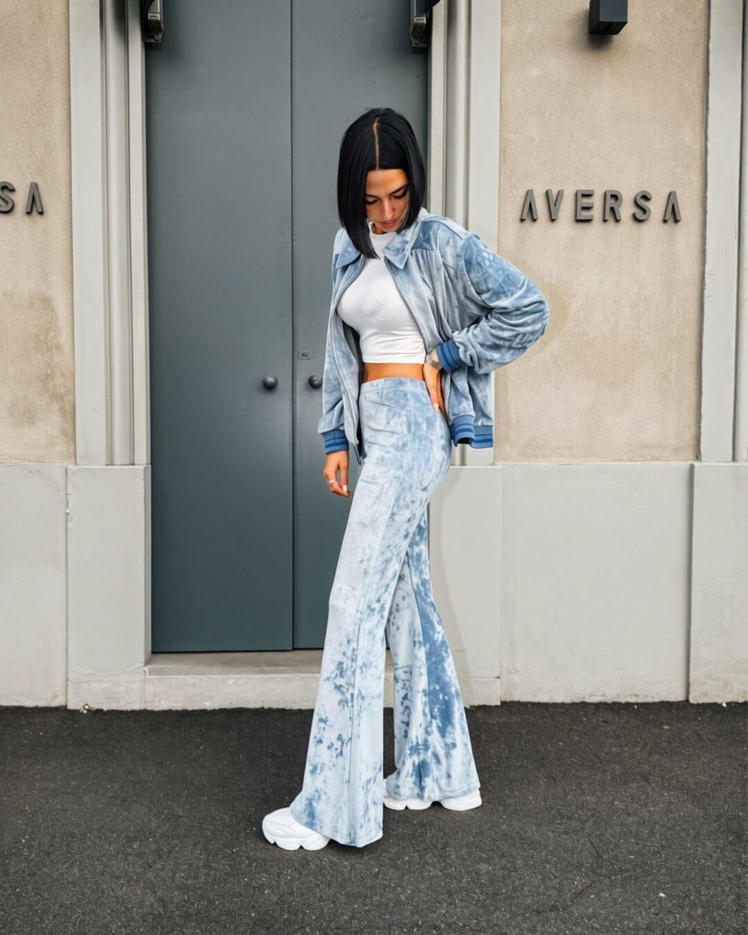 OF - Hinnominate Pantalone flare ciniglia celeste
