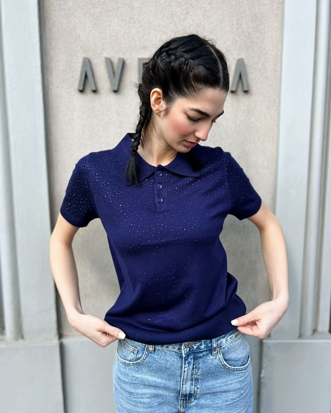 OF - Polo Kirby blu con strass
