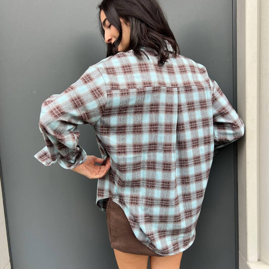 OF - Camicia Square azzurro/bordeaux con strass