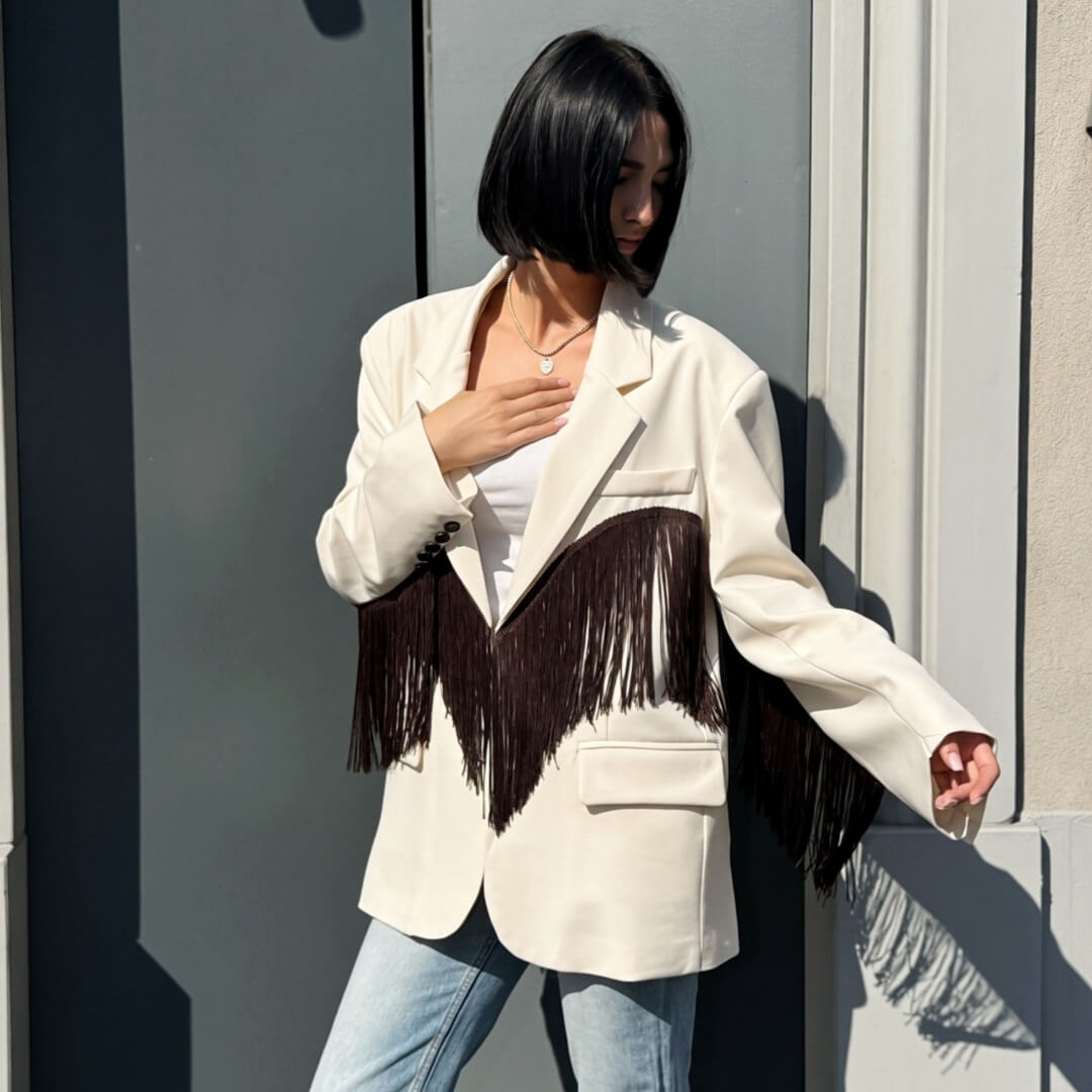 LUMINA Blazer Mateo beige con frange marroni