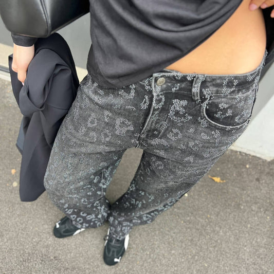 OF - Jeans April slavato nero animalier strass