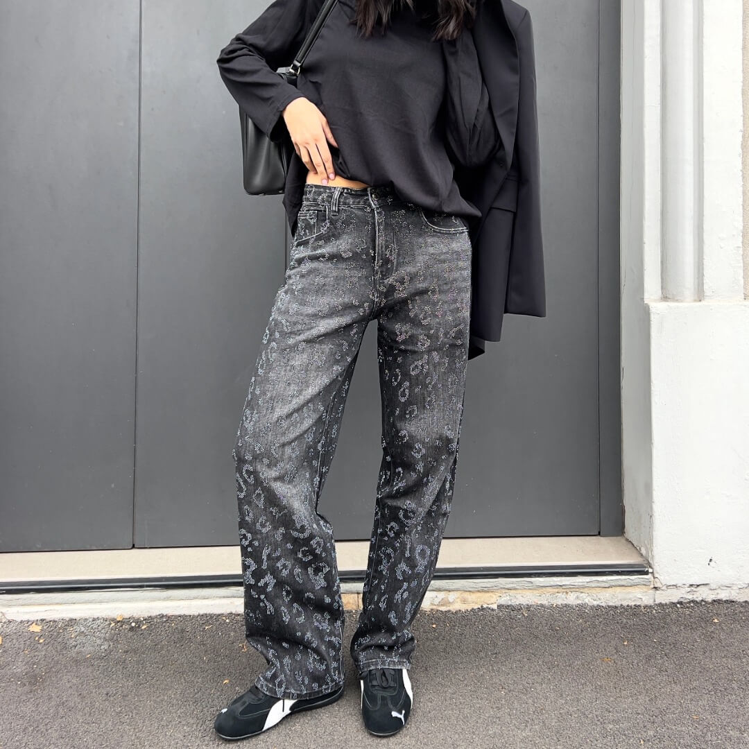 OF - Jeans April slavato nero animalier strass