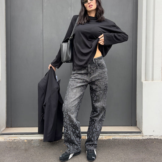 LM - Jeans April slavato nero animalier strass