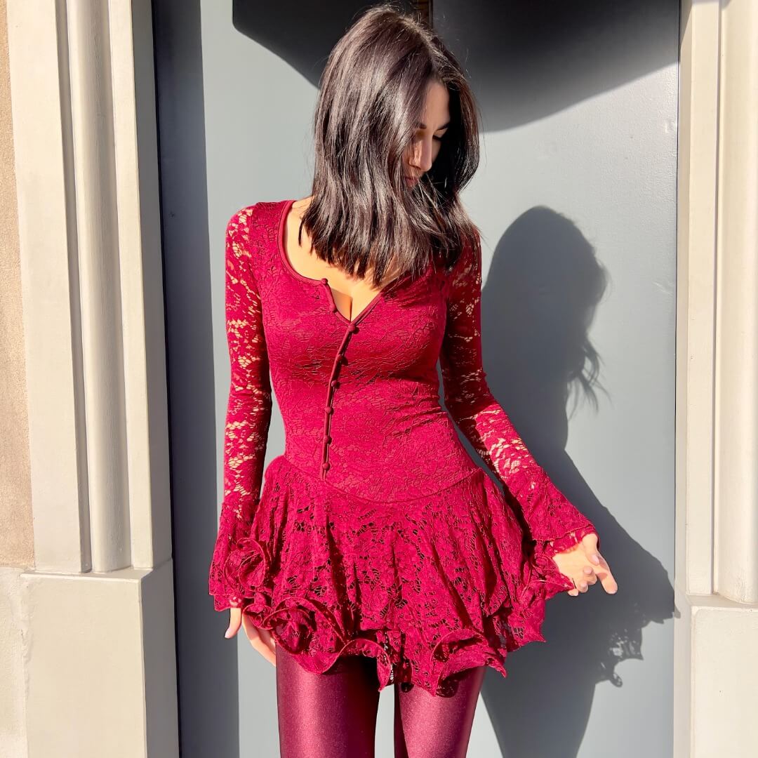 OF - Abito Clary rouches pizzo bordeaux