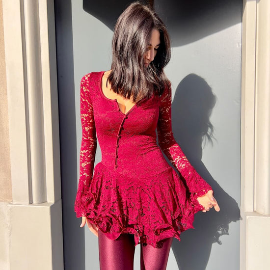 OF - Abito Clary rouches pizzo bordeaux