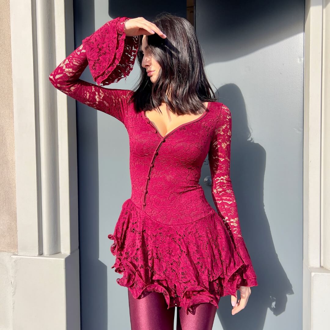 LM - Abito Clary rouches pizzo bordeaux