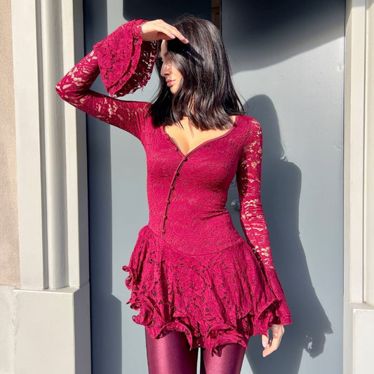 LM - Abito Clary rouches pizzo bordeaux