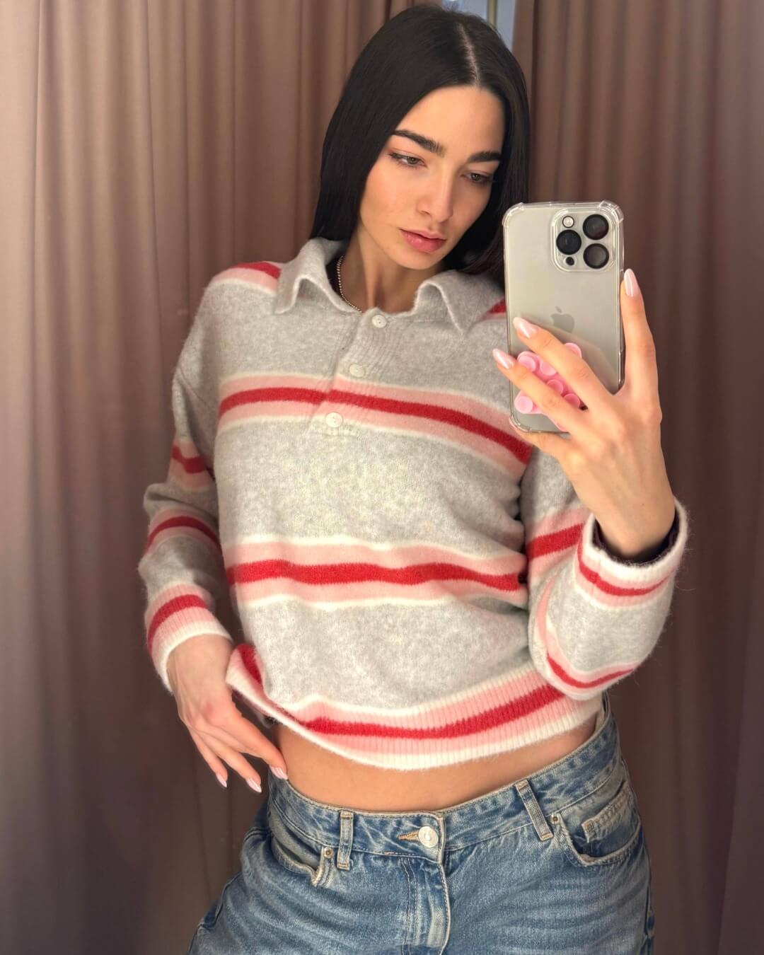 OF - Maglione Polo righe grigio rosa