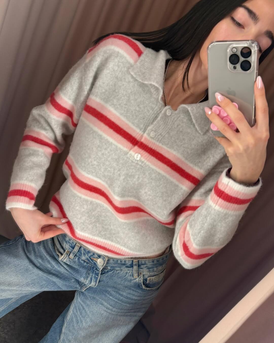 Maglione Polo righe grigio rosa
