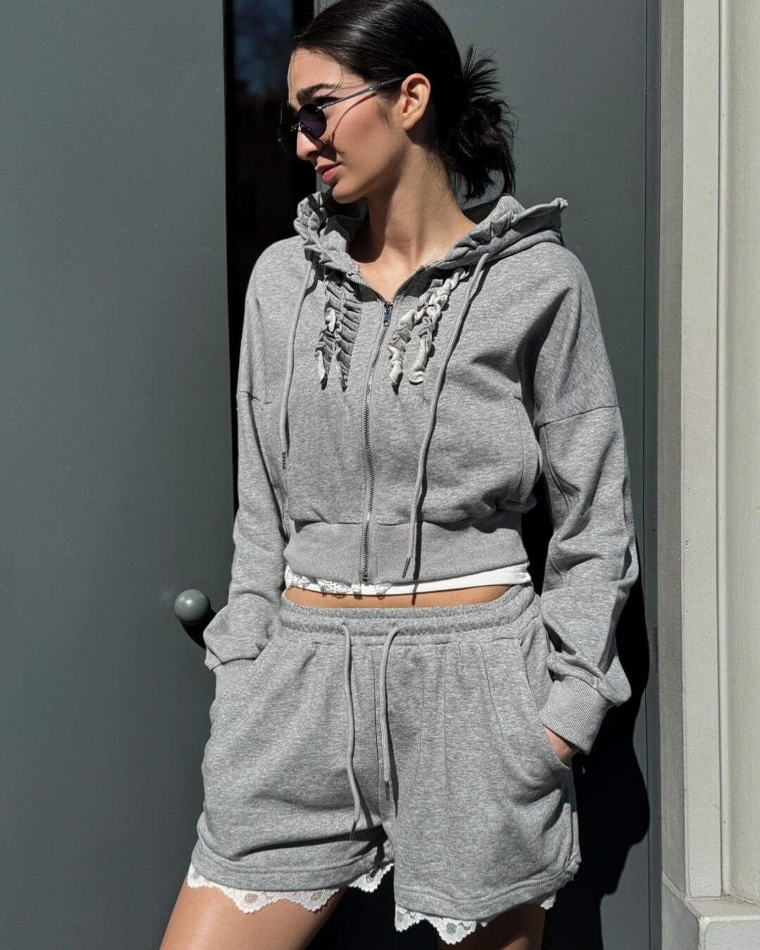 OF - Set completo Dewy grigio con rouches e pizzo