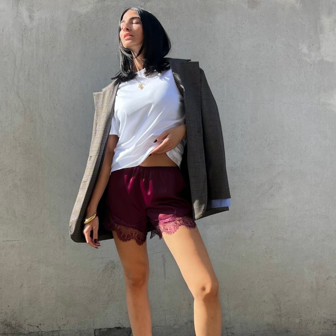 OF - Shorts Chris bordeaux satin con pizzo