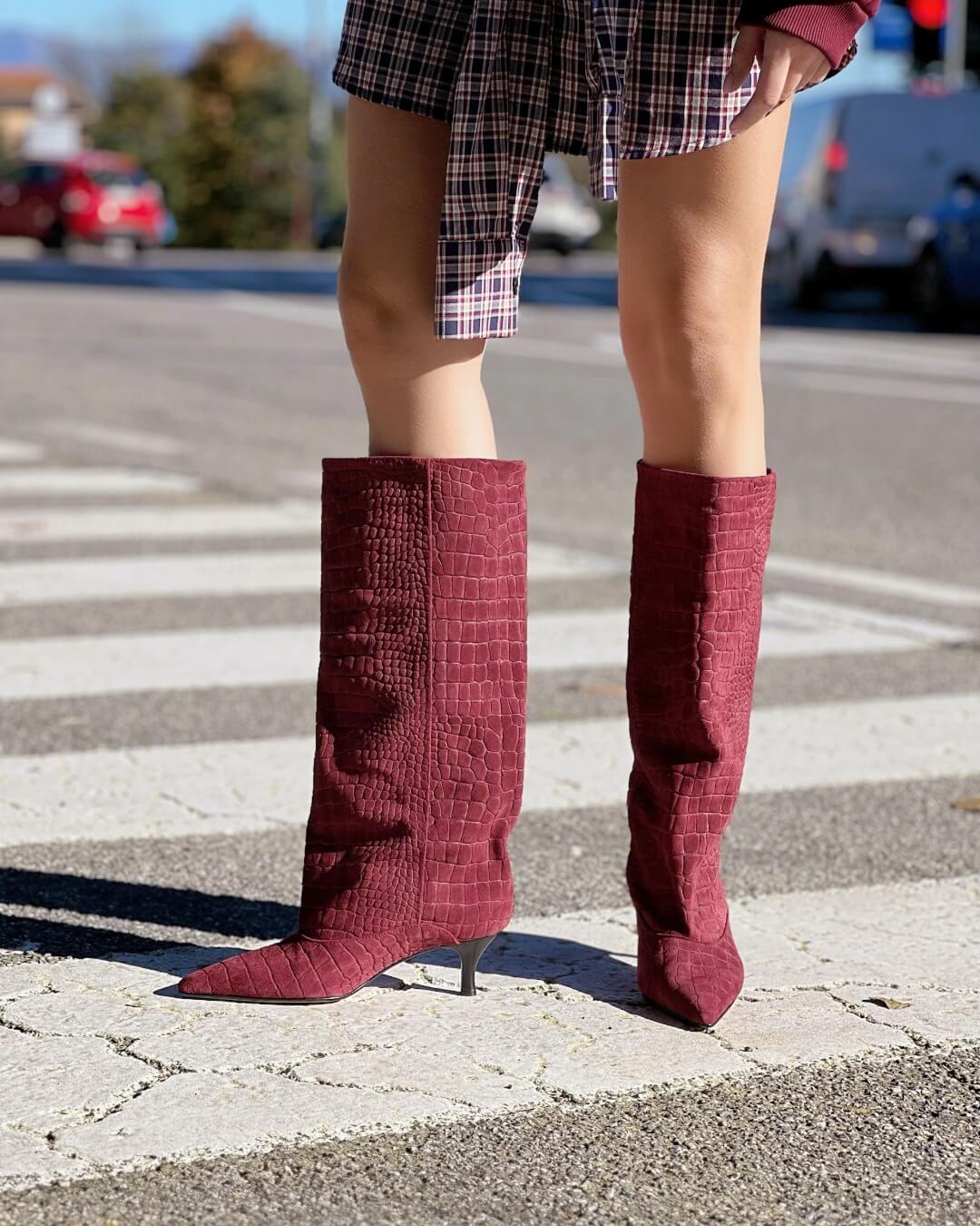 OF - Stivale Croco camoscio bordeaux