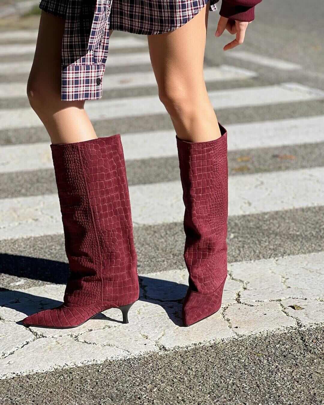 OF - Stivale Croco camoscio bordeaux