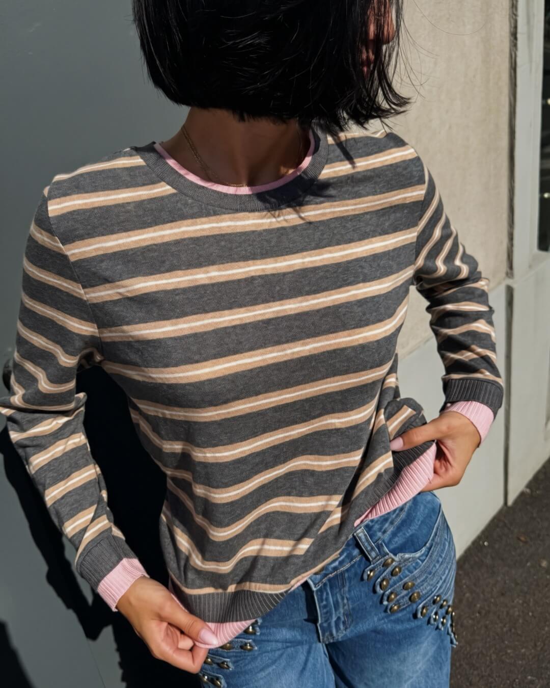 OF - LUMINA T-shirt Shea bicolor righe rosa e grigio