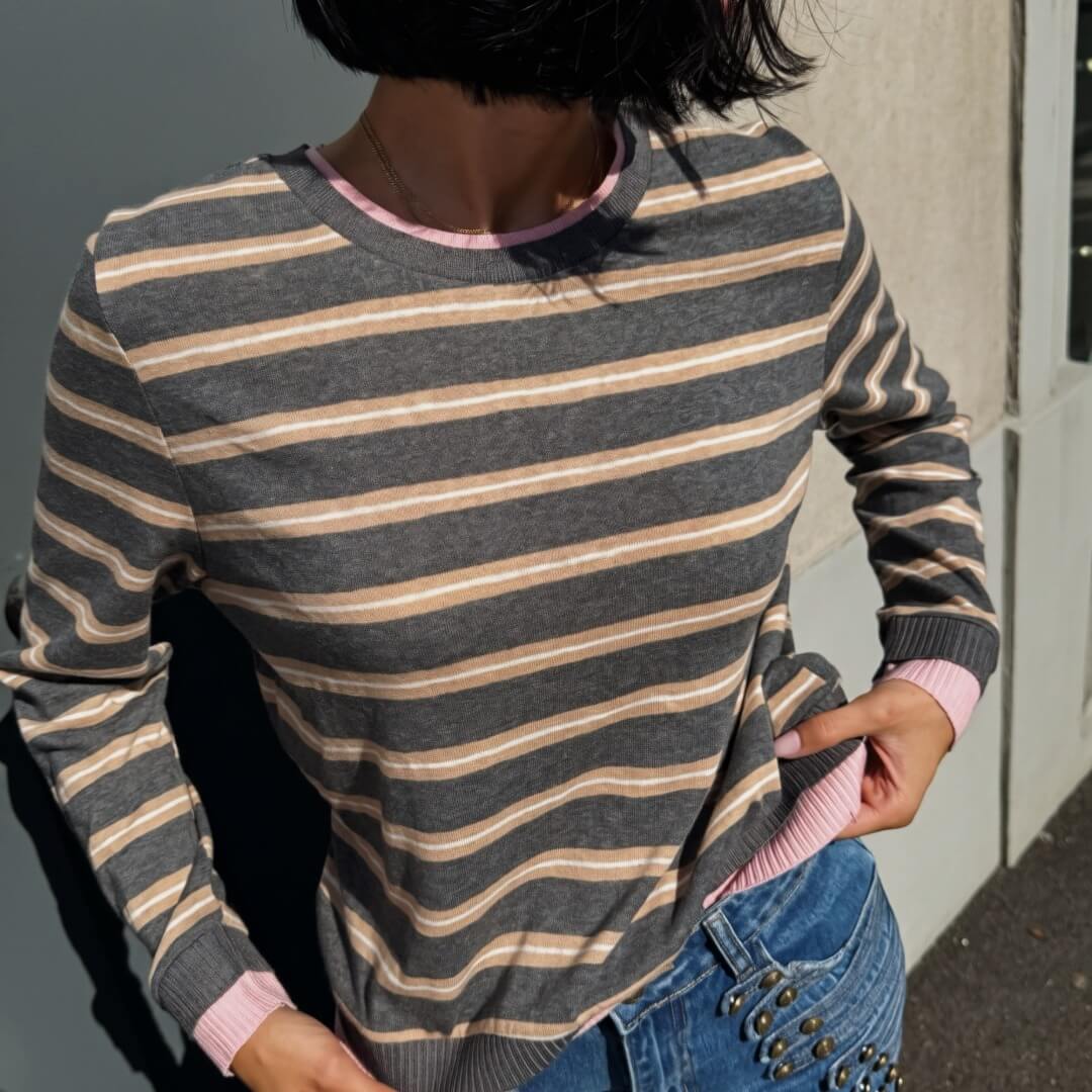 OF - LUMINA T-shirt Shea bicolor righe rosa e grigio