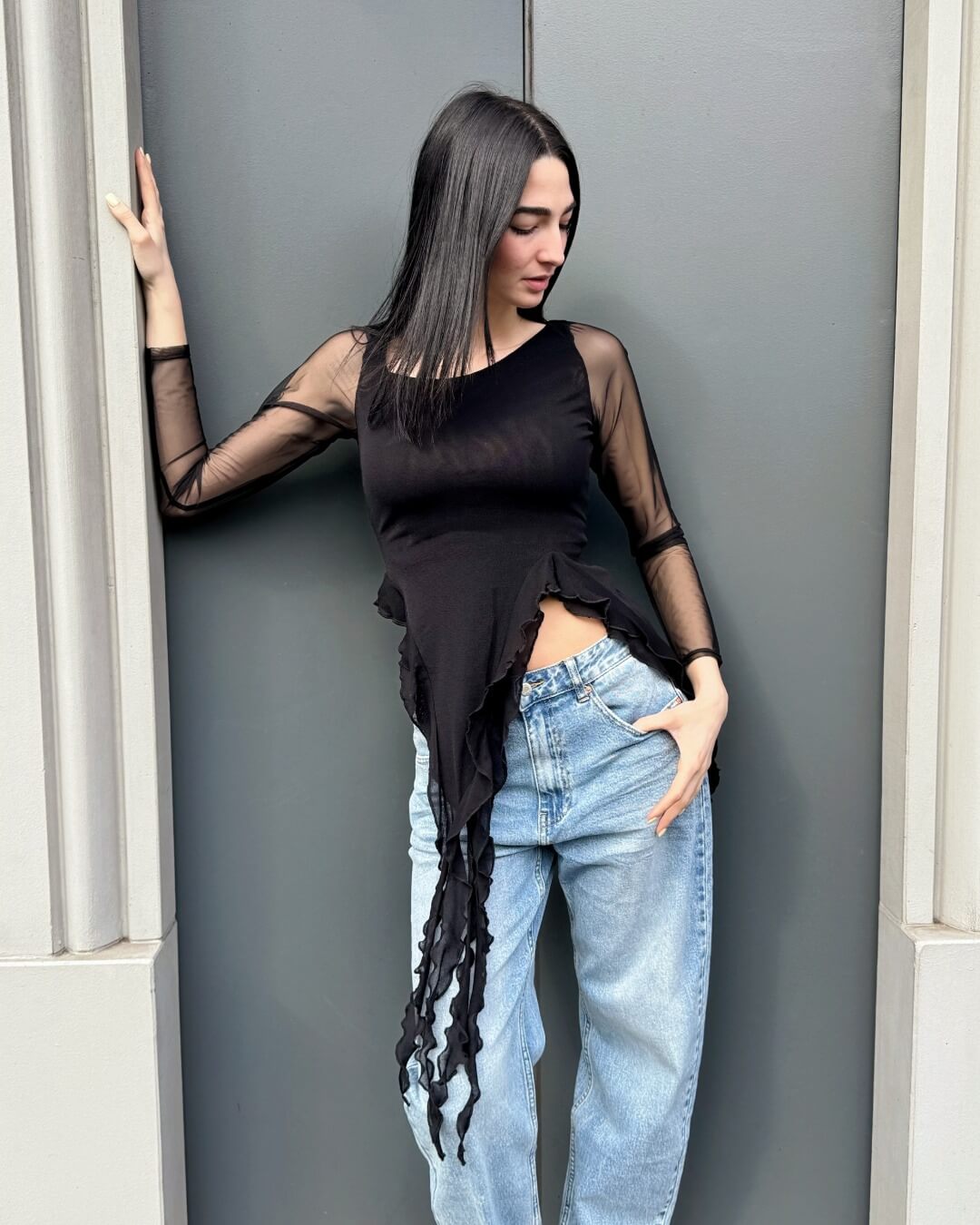 OF - Top Ariel nero con rouches