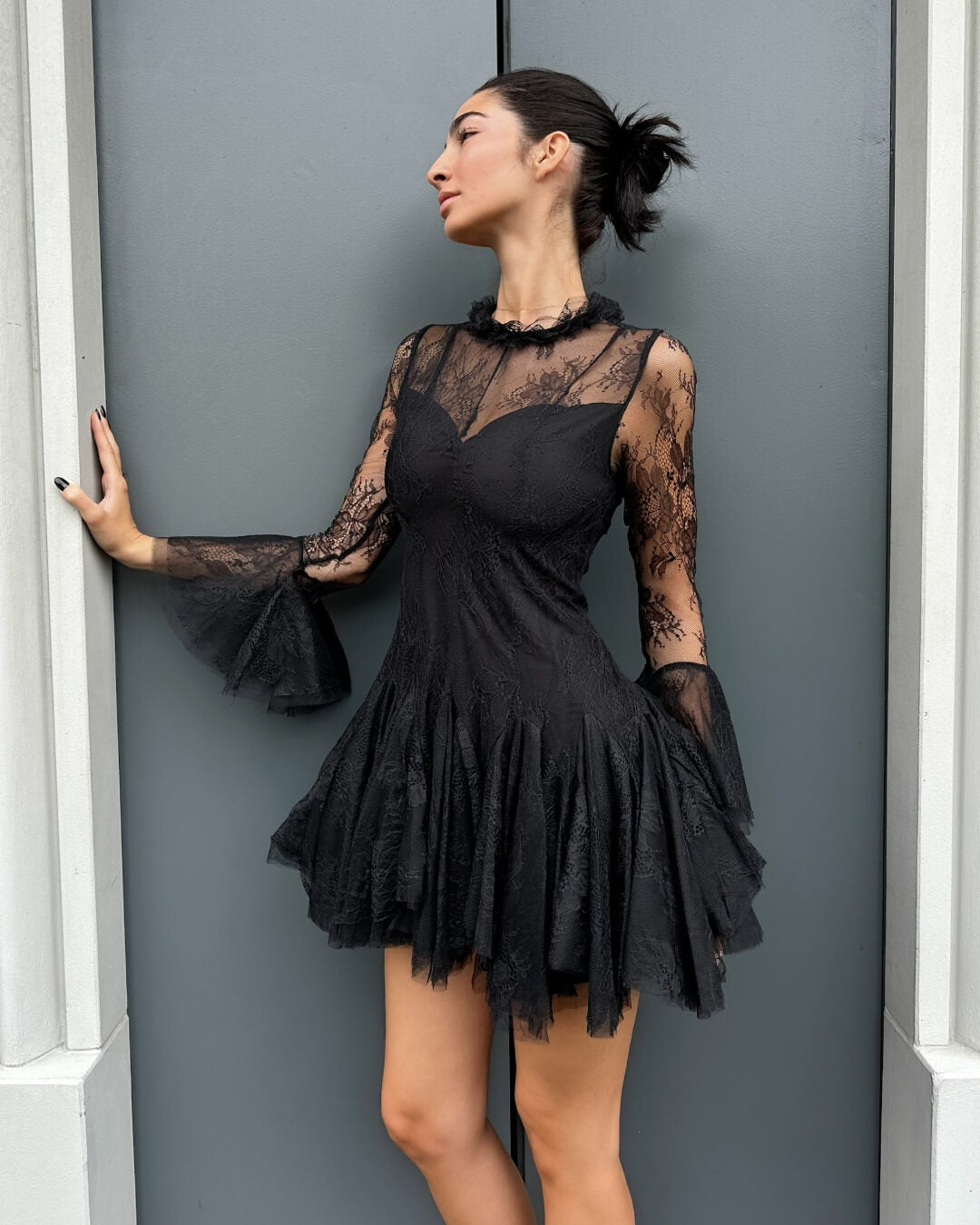 OF - Abito Stefany nero pizzo con rouches