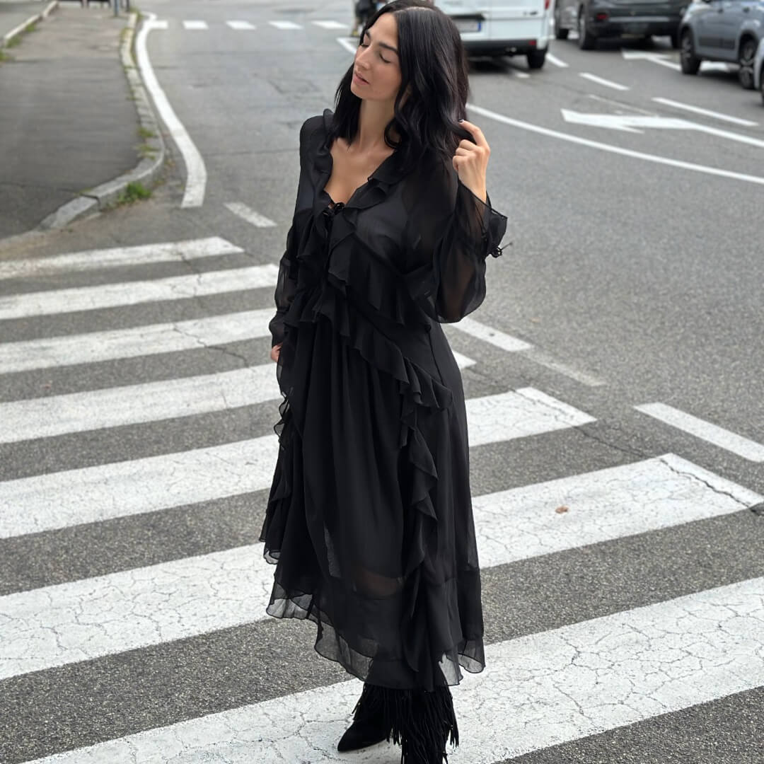 OF - Abito lungo Jade rouches nero