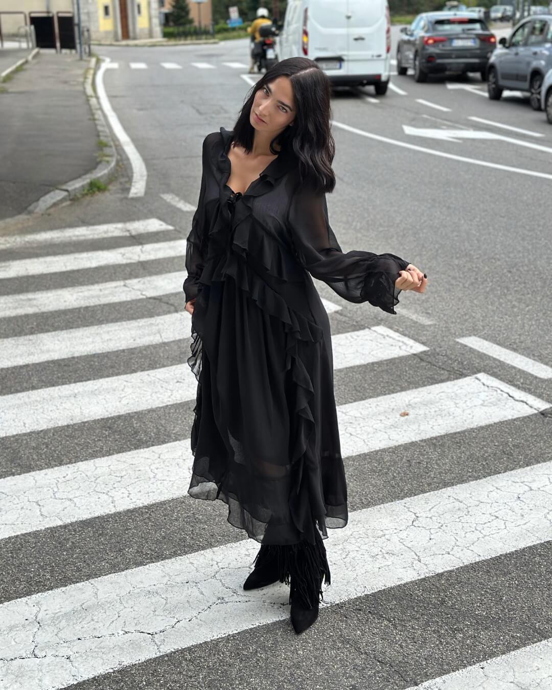 OF - Abito lungo Jade rouches nero