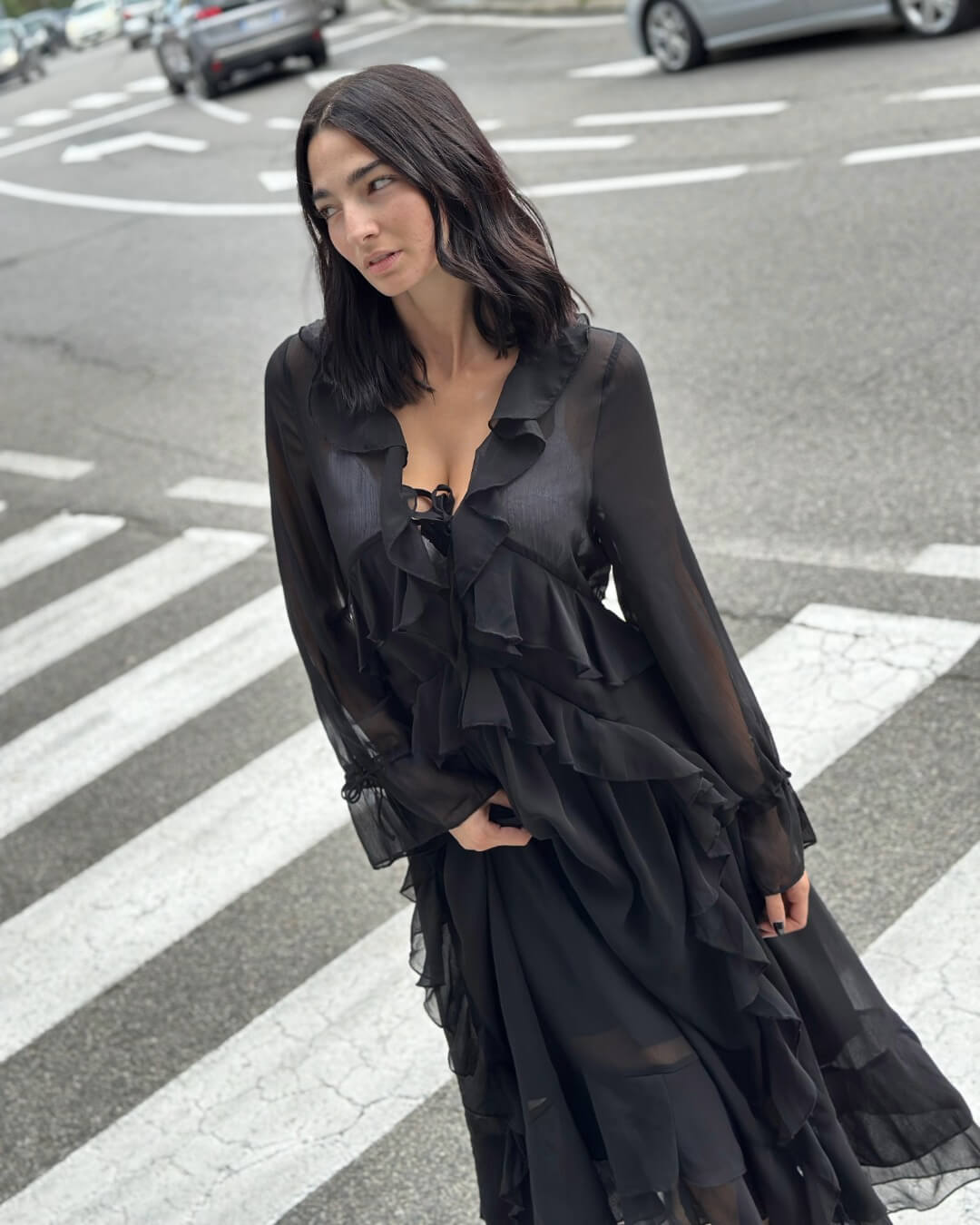 OF - Abito lungo Jade rouches nero