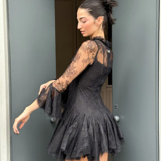 OF - Abito Stefany nero pizzo con rouches