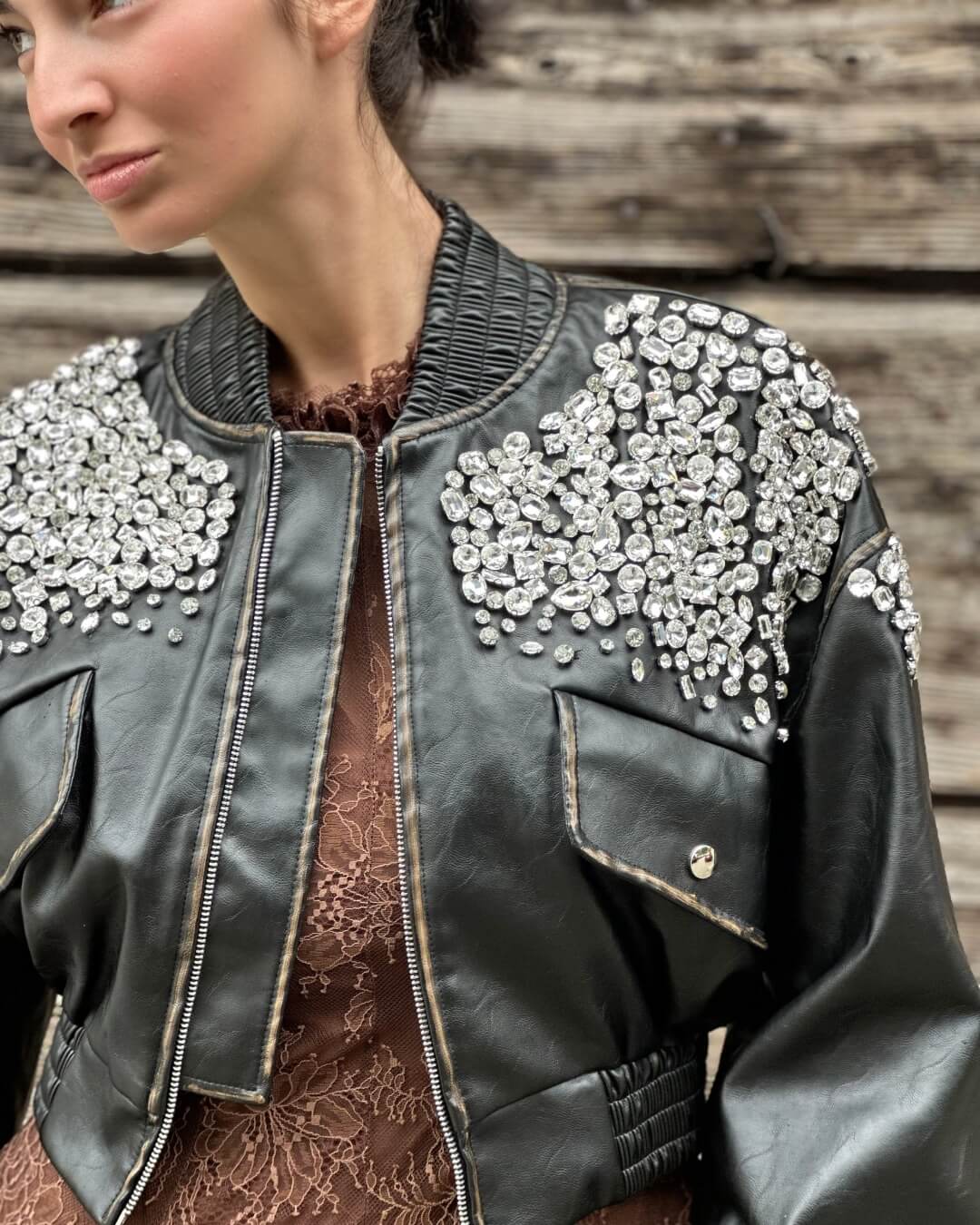 OF - ODI ET AMO Bomber Petra nero con strass