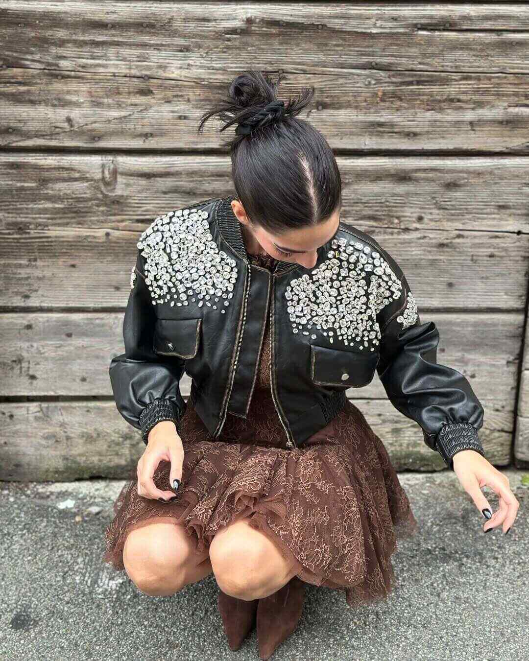 OF - ODI ET AMO Bomber Petra nero con strass