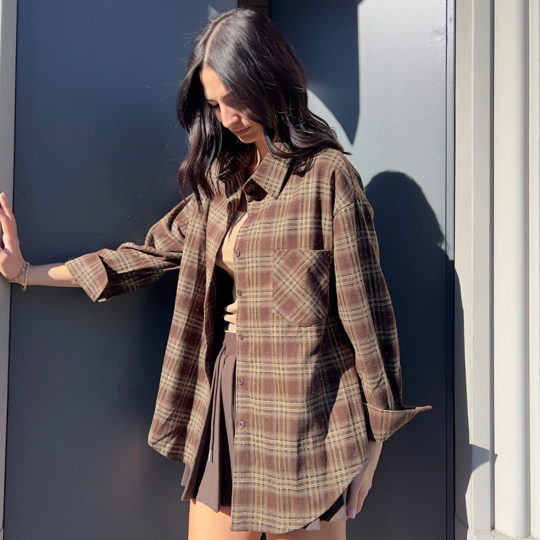 LM - Camicia Square marrone/verde con strass